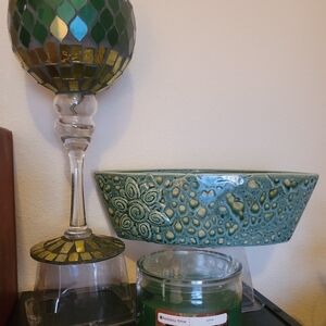 3P NEW! GREEN MOSIAC CANDLEHOLDER, PIER 1 MULTI USE BOWL & PINE SCENTED CANDLE